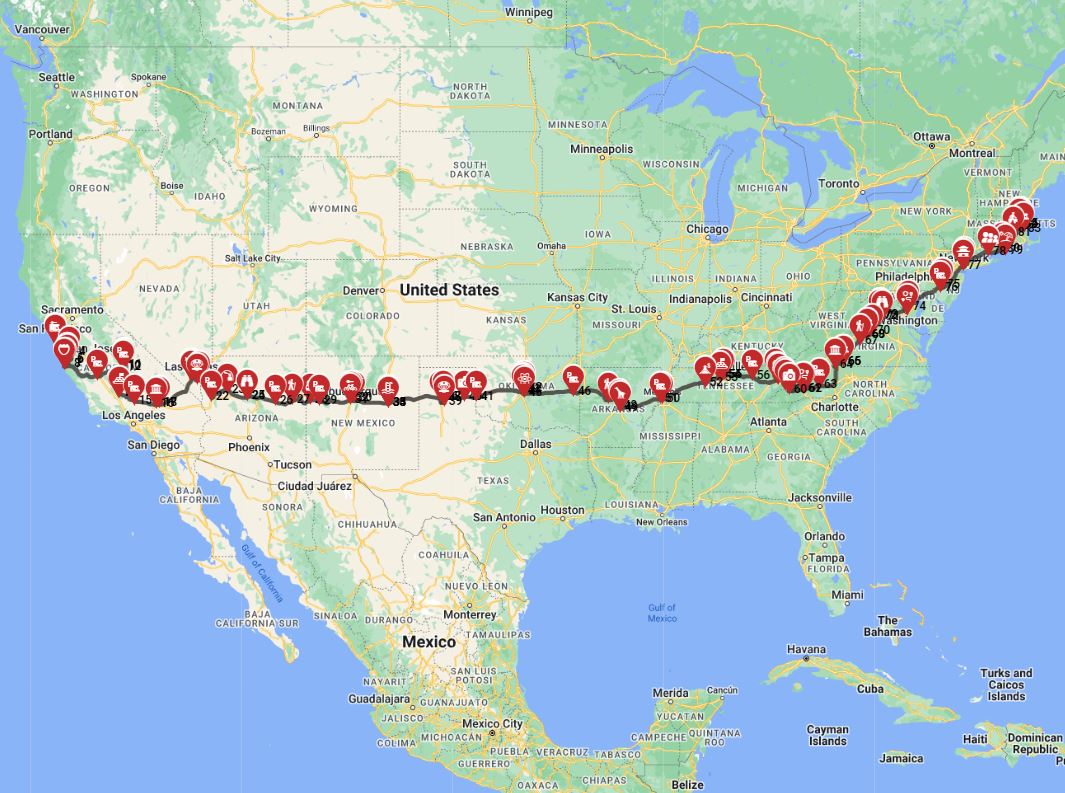 Map for San Francisco to Boston - Cross-Country Adventure